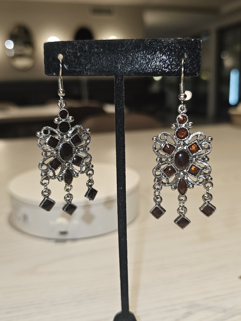 Vintage Amber Brown Filigree Chandelier Dangle Earrings
